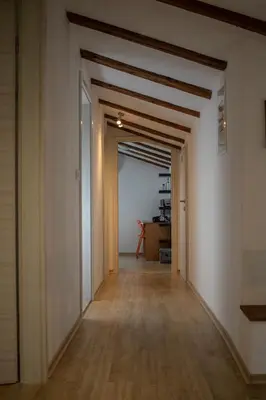 an empty hallway with wood floors and ceilings at Borea Rooms - Sobe Budanje in Vipava