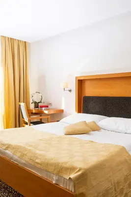 a bedroom with a large bed and a desk at Hotel Vitarium Superior - Terme Krka in Smarjeske Toplice