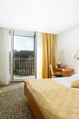 a hotel room with a bed and a large window at Hotel Vitarium Superior - Terme Krka in Smarjeske Toplice