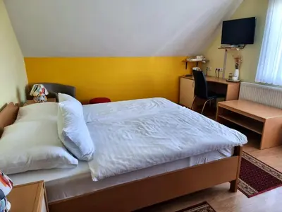 a bedroom with a bed with a desk and a chair at Bed and Breakfast Valjavec in Kranj