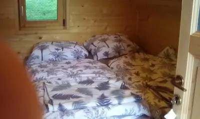 a small room with a bed and two pillows at farmglamping Planika - Encijan in Hraše