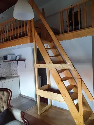 a loft bed with a ladder in a room at Apartments Fazarinc with parking, wellness and city store in the center of Celje in Celje