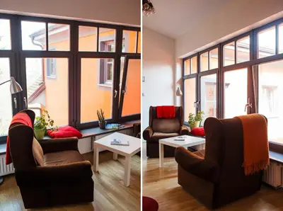 two pictures of a living room with chairs and windows at Cukrarna Guest Accommodation in Kranj