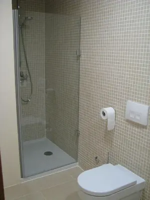 a bathroom with a shower and a toilet and a toilet paper roll at Grad Goričko in Grad