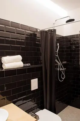 a bathroom with a shower with a black tile wall at Pekarna apartments in Ljubljana