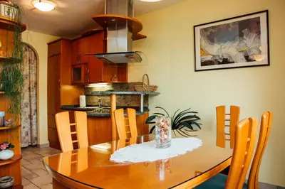a kitchen with a wooden table and a dining room at Apartment Bor in Bovec