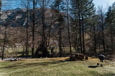 a picnic table and a grill in a field at TUBA Apartments in Bohinj