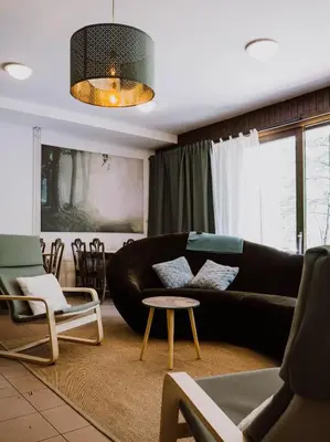 a living room with a black couch and chairs at TUBA Apartments in Bohinj