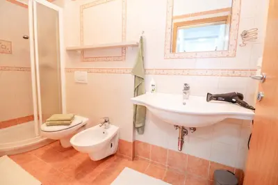 a bathroom with a sink and a toilet at Alp Apartma in Radovljica