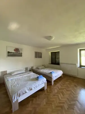 two beds in a room with wooden floors at Apartma Logar in Kobarid