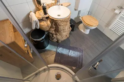 an overhead view of a bathroom with a toilet and a sink at Hike & Bike Chalet in Bohinj