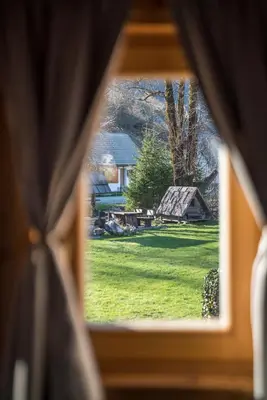 a view of a yard through a window at Hike & Bike Chalet in Bohinj