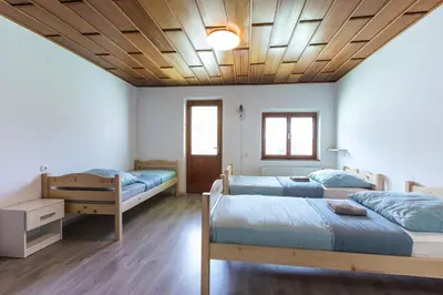 a bedroom with two beds and a wooden ceiling at Dolar Rooms in Bled