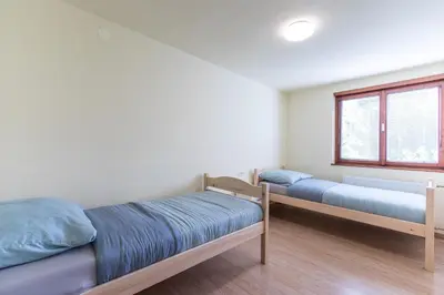 two bunk beds in a room with a window at Dolar Rooms in Bled