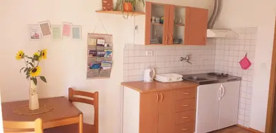 a small kitchen with a table and a sink at Relax in Črni Kal in Črni Kal