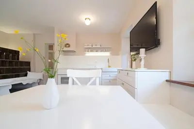 a white kitchen with a vase with flowers in it at Pr`Mružo apartmaji in Bohinj