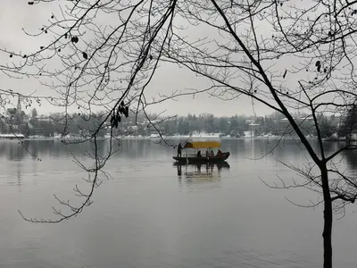 a boat on a lake with people in it at Apartmaji Volf in Zgornje Gorje