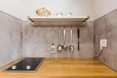 a kitchen with a sink and utensils on the wall at Apartma Lilly in Bled