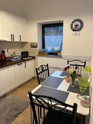 a kitchen and dining room with a table and chairs at Alpino in Ljubljana