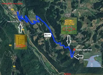 a map of a river with arrows pointing to different places at Valley View Holiday Home with Sauna Mrak in Slappe dʼIdria