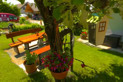 a garden with a tree and a bench and flowers at Apartments Rikli Rodine near Bled in Rodine