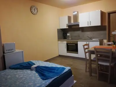 a small kitchen with a bed and a table at Apartma Marjetica II. in Blejska Dobrava