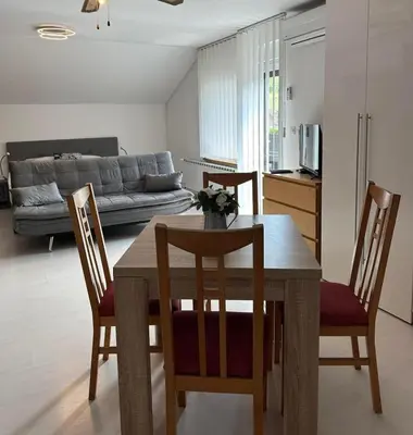 a living room with a table and chairs and a couch at Apartments and Wellness Ščavničar in Ljutomer