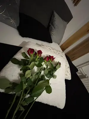 a bouquet of red roses sitting on a bed at Apartments and Wellness Ščavničar in Ljutomer