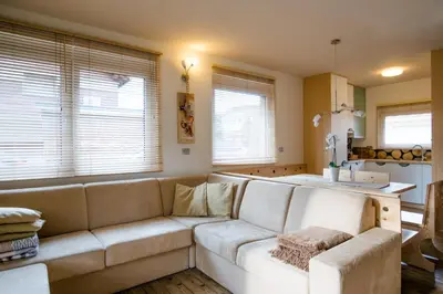 a living room with a couch and a kitchen at Luxury apartment with a nice view in Kranjska Gora in Kranjska Gora