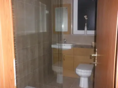 a bathroom with a shower and a toilet and a sink at Soča House in Kobarid