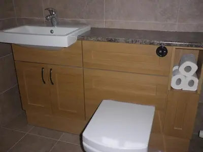 a bathroom with a white toilet and a sink at Soča House in Kobarid