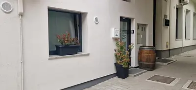 a building with two potted plants in a window at Apartment Central Station between Dragon and Triple Bridges in Ljubljana