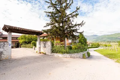 a house with a stone wall and a tree at Penzion Na Hribu in Slap