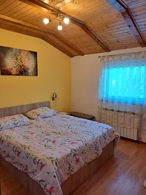 a bedroom with a bed and a window at Penzion Na Hribu in Slap