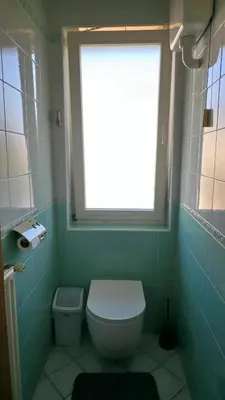a green bathroom with a toilet and a window at Vila Bbq in Ljubljana