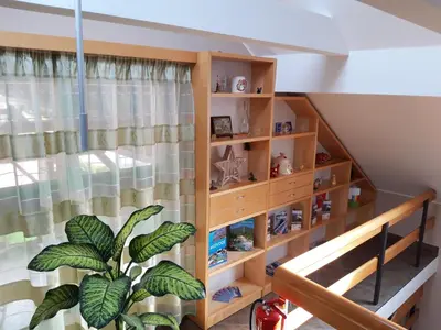 a room with a book shelf and a plant at Vila Bbq in Ljubljana