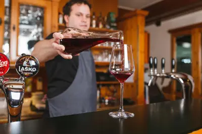a man pouring wine into a wine glass at Guesthouse Tulipan in Lesce