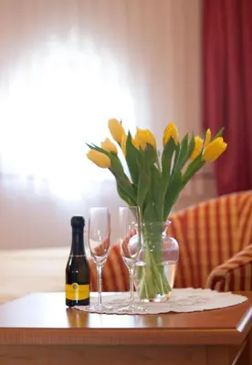 a table with two wine glasses and a vase with yellow flowers at Guesthouse Tulipan in Lesce