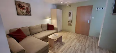 a living room with a couch and a table at Apartments & Hostel Bohinj in Bohinj