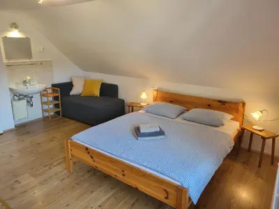 a bedroom with a large bed and a couch at Apartments & Hostel Bohinj in Bohinj