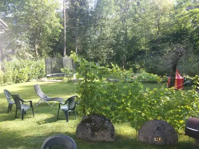 a garden with chairs and a bush in the grass at The Millhouse Bled in Bled
