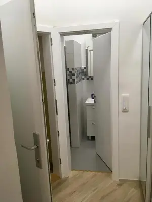 a bathroom with a door leading to a sink at Apartment Optim in Ljubljana