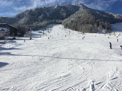 a group of people skiing down a snow covered slope at Apartma Stenar in Mojstrana
