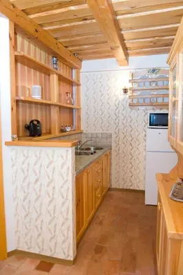 a kitchen with wooden cabinets and a white refrigerator at PLANINCA -hiša z razgledom in Šmarje pri Jelšah