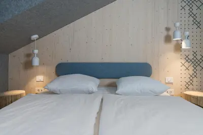 a bed with two white pillows and a blue headboard at TD Bohinj Apartments in Bohinj