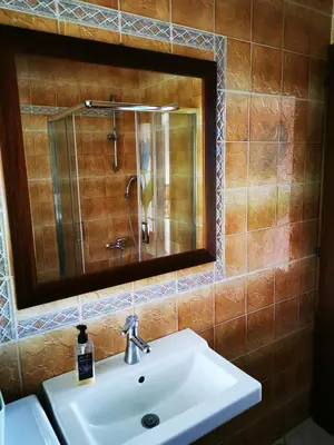 a bathroom with a sink and a mirror at Krasen Kras Apartment in Komen
