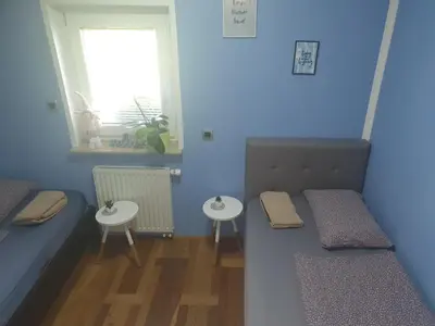 a bedroom with two twin beds and a window at Sanja apartment near to Ljubljana in Preserje pri Radomljah