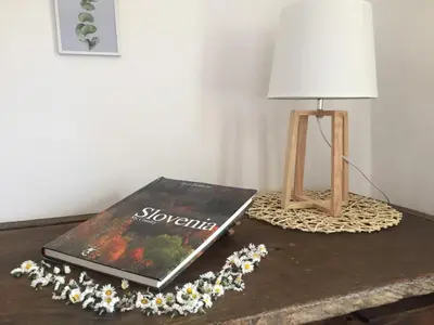 a table with a book and a lamp and flowers on it at Hillside Bio Resort Delux Apartments in Šešče pri Preboldu