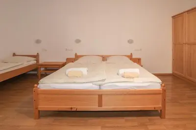 a bed with two pillows on it in a room at Farm Holidays Povsin in Bled