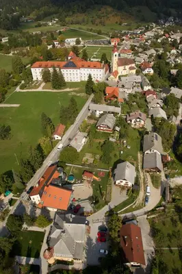 an aerial view of a small town with houses at Guesthouse Draga in Begunje na Gorenjskem